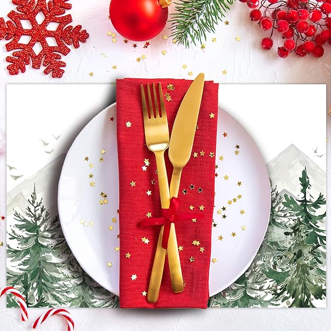 50 Pack Pine Trees Christmas Paper Placemats,16x 11 Inch Xmas Tree Disposable Placemats Seasonal Winter Xmas Holiday Table Mats for Kitchen Dining Christmas Party Decor