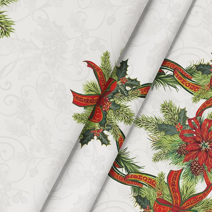 Horaldaily Christmas Tablecloth 70×70 Inch Round, Poinsettia Golden Ribbon Washable Table Cover for Party Picnic Dinner Decor