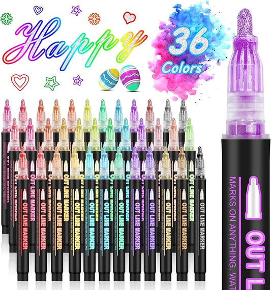 Double Line Outline Markers, 36 Colors Super Squiggles Shimmer Outline Marker Pen Set, Self Outline Metallic Markers Glitter Writing Drawing Pens for Birthday Greeting Card, Doodling, DIY Art Crafts