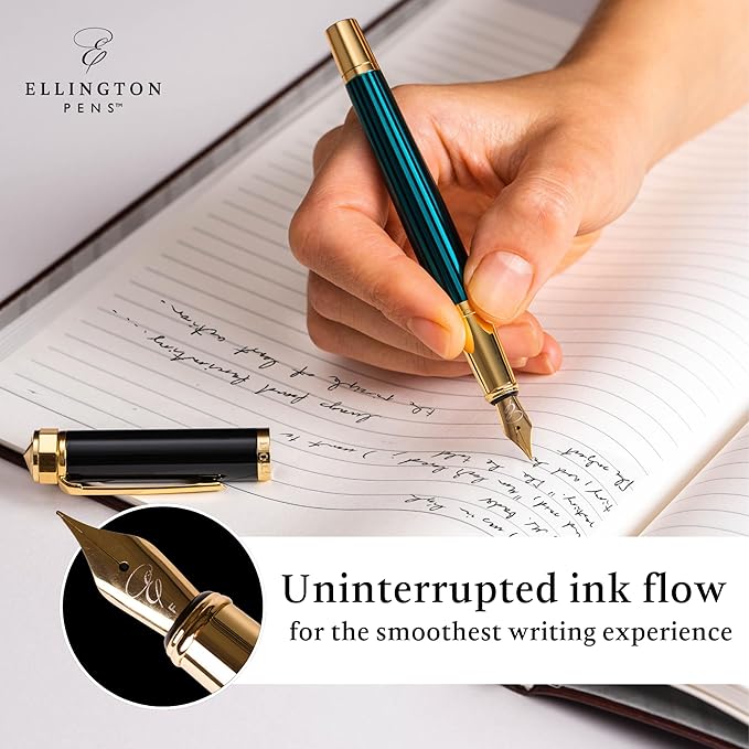 Luxury Fountain Pen Set- Fountain Pens for Writing - Smooth Fine Nib - Includes Refillable Ink Converter, 3 Ink Cartridges [Black & Blue], Gift Box - Elegant Calligraphy