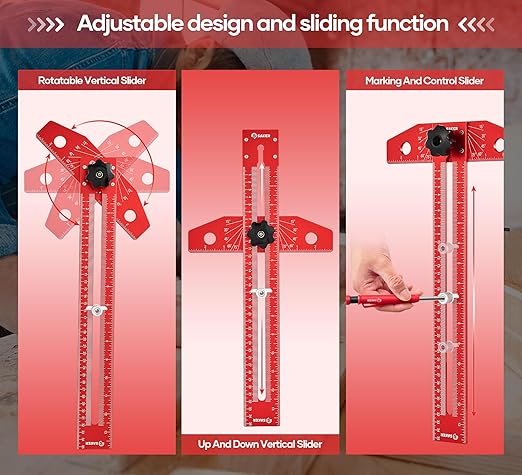 Saker Woodworking Scriber Marking Line Ruler, Adjustable Aluminum Alloy Sliding T-Square Ruler,Precision Line Drawing aid Ruler with Angle Adjustment Scale