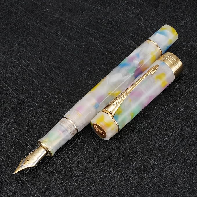 Jinhao 100 Fountain Pen Celluloid Classic Style, #6 Nib Smooth Writing Instrument with Refillable Converter and Pen Case Set