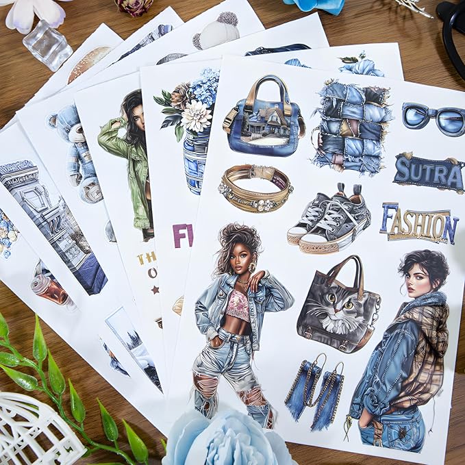 Snycler Denim Fabric Theme Sticker Scrapbooking Supplies for Junk Journal, 20 Sheets PET Stickers - Vintage Journaling Stickers, Ephemera Sticker Book Pre Cut, Planner, Junk Journal Supplies