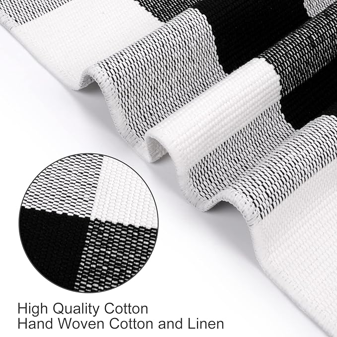 KIMODE Buffalo Plaid Christmas Outdoor Rug 3x5, Farmhouse Cotton Front Door Mat, Washable Black and White Checkered Rug for Christmas Welcome Layered Door Mat Front Porch Entryway Kitchen