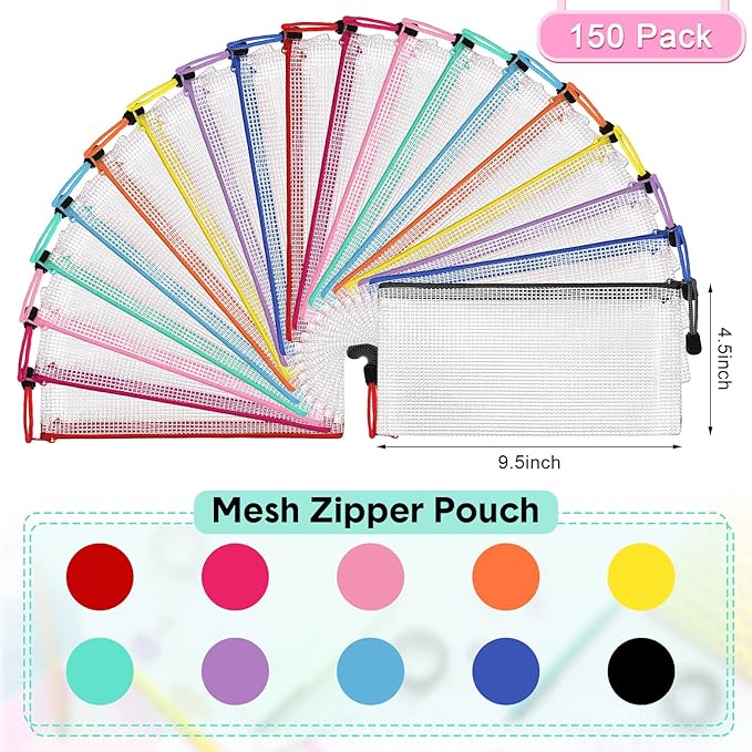 Harloon 150 Pack Pencil Pouch Bulk Gifts Operation Christmas Mesh Zipper Pencil Cases 9.5 x 4.5 Inch Small Clear Holder Storage Multipurpose Cosmetics Toiletry Bags for Office Bill Travel(10 Colors)