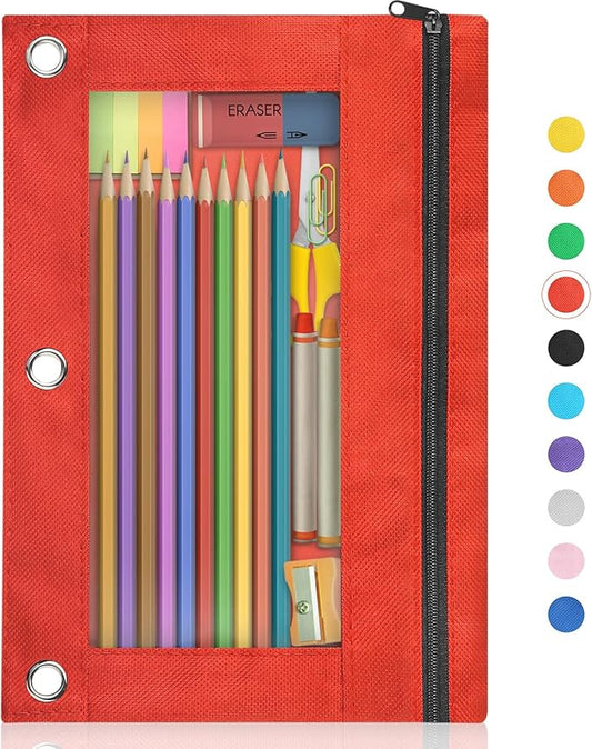 Shemira Pencil Pouch for 3 Ring Binder, Binder Pencil Pouch with Smooth Zipper, Clear Window Pencil Case for Binder, Zipper Pencil Pouches, Big Capacity 3 Ring Binder Pencil Bag, RED