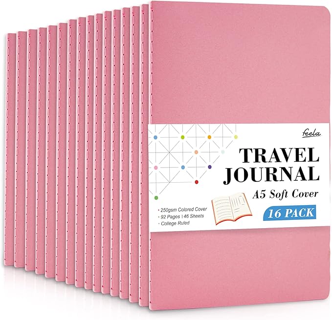 feela 16 Pack Soft Cover Journal Bulk, Lined Notebooks College Ruled for Work for Women Girl Writing, Blank Travel Journal Note Taking Notebook School Business Supplies, 8.2” x 5.5”, A5, Pink
