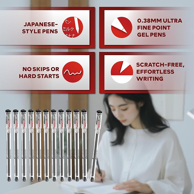 XFasten 0.38mm Gel Pens 72-Pack Japanese-Style Extra-Fine Black Gel Ink Ballpoint, Smooth Ink Flow, Smudge-Free, Quick-Drying, No Smear for Journaling, Note-Taking, Office, and School