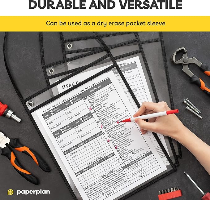 Hanging Job Ticket Holders 9x12 - (30 Pack), 8.5 x 11 Letter Size, Dry Erase Pockets, Clear & Black Plastic Sleeves - Reusable, Water-Resistant