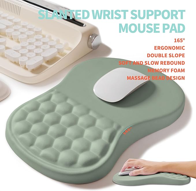 2-in-1 Ergonomic Set, Wave Rise Keyboard Wrist Rest and Massage Bulge Slope Mouse Pad Wrist Support, Cushion Memory Foam Integrated to Relieve Wrist Pain, Light Green
