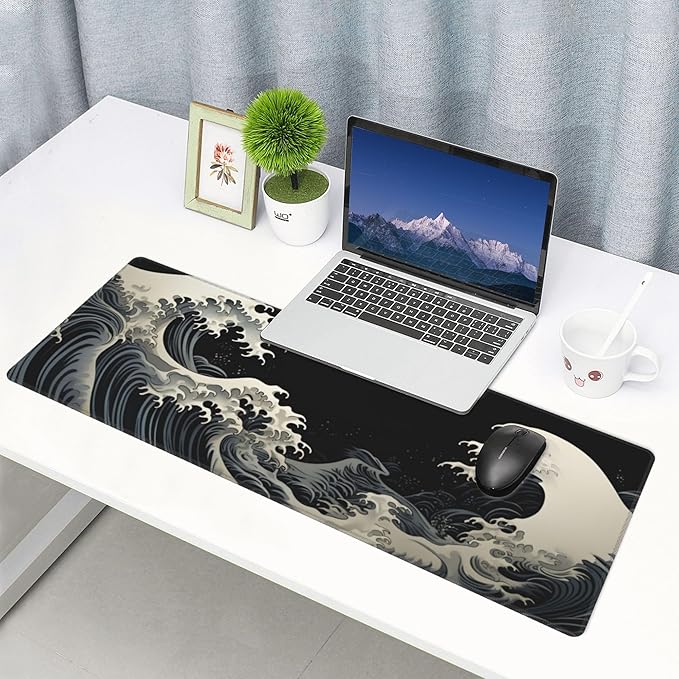 Stylish Japanese Ukiyo-e Style White and Black Ocean Wave Art Print Themed Mouse Pad 31.5 x 12 Inch, Anti-Slip Rubber Base, Ideal for Computer, Laptop, Office & Home Use