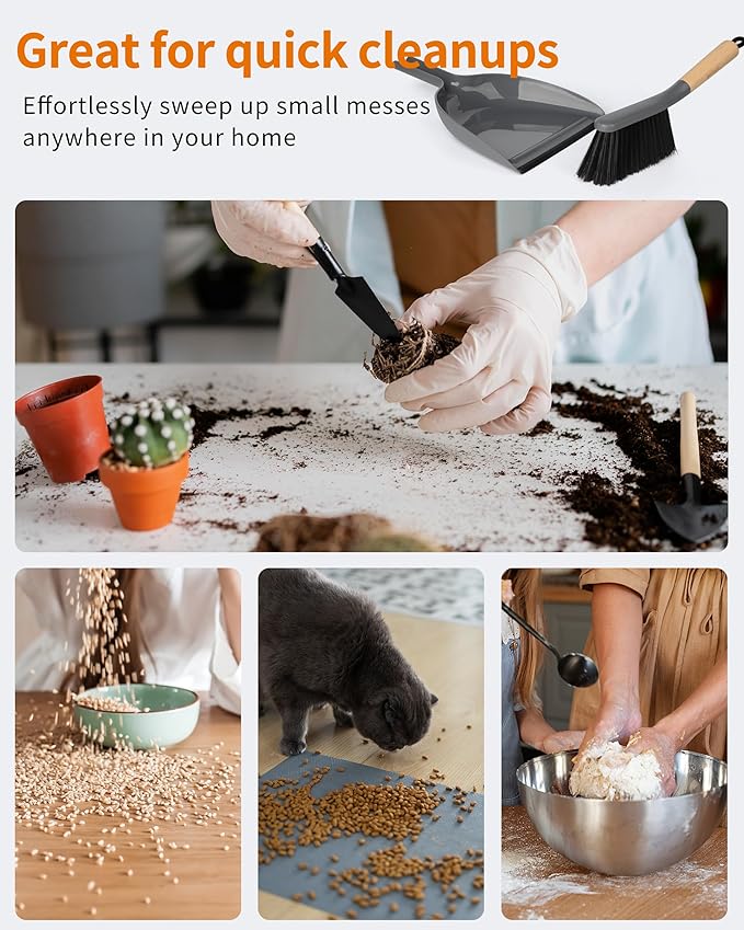 MR.SIGA Dustpan and Brush Set, Portable Cleaning Brush and Dustpan Combo with Bamboo Handle, Gray, 1 Set