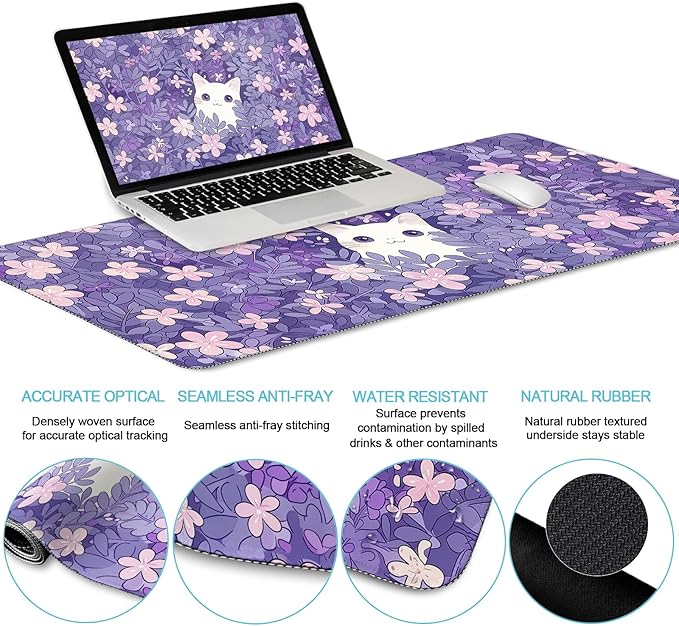 Purple Mouse Pad Large Desk Mat Set, Kawaii Cat Computer Mouse Pad with Wrist Rest Keyboard Wrist Support XXL Mousepad Cup Coaster Set, Cute Purple Office Desk Accessories Cat Decor Supplies