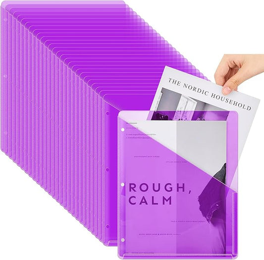 Seajan 100 Pcs Pocket Folders for 3 Ring Binder Clear Plastic Folders Sleeves with 2 Pockets 3 Hole Punch Binder Dividers Poly Slash File Jackets for Office School Document Organizer (Purple)