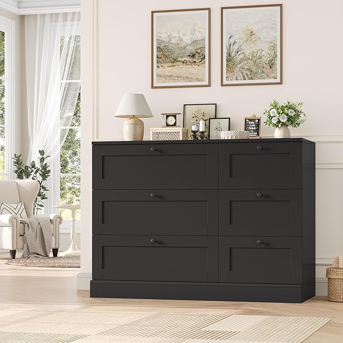 HOSTACK 6 Drawer Dresser, Dresser for Bedroom, Wood Wide Chest of Drawers, Modern Drawer Chest for Living Room, Entryway, Hallway, Black
