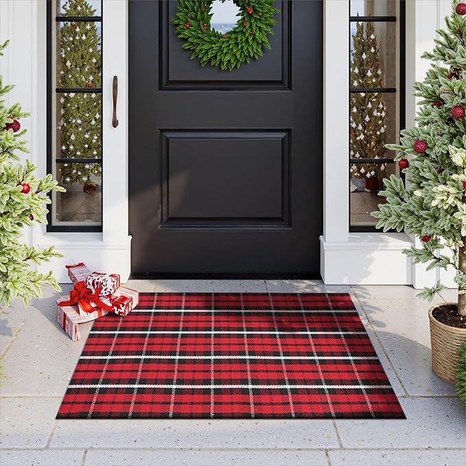 Christmas Door Mat Outdoor 27.5"x43", Red/Black Buffalo Plaid Front Door Rug Cotton Hand-Woven Washable Layered Door Mats,Reversible Checkered Throw Rugs for Porch Outside