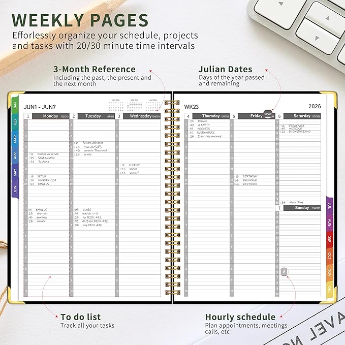2026 Appointment Book/Planner - 2026 Daily Hourly Planner from Jan. 2026 - Dec. 2026, Weekly appointment Book 2026, 2026 Hourly planner with 20-Minute Interval, 9" x 11", Twin-Wire Binding, Colorful Tabs, Pocket - Black