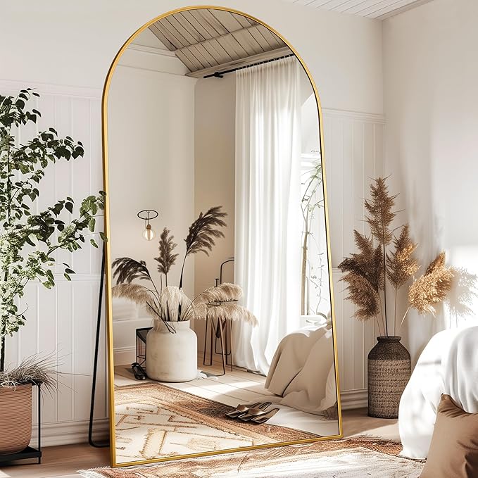 Antok Full Length Mirror, 91"x46" Oversized Floor Mirror Freestanding, Full Body Floor Standing Mirror with Stand, Hanging Mounted for Living Room Cloakroom,Gold,Arched Style