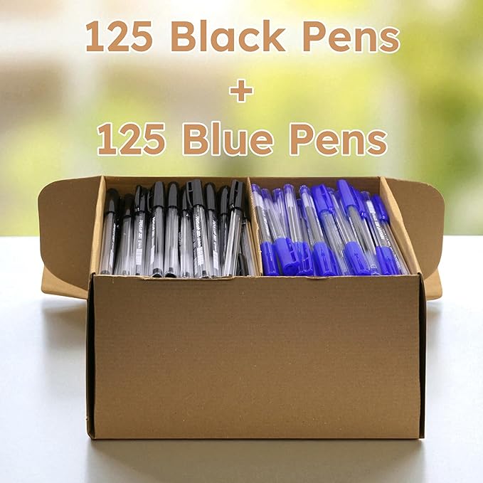 Ballpoint Pens Bulk Pack, 250-Count – (125 Black & 125 Blue) Ink Pens, 1.0mm Medium Point, Ergonomic Triangle Grip, Smooth Writing