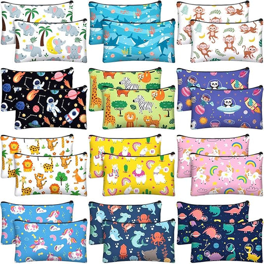 36 Pcs Cartoon Animal Pencil Case Bulk Cute Cartoon Pencil Pouch Multicolor Canvas Pen Bag Organizer with Zipper Stationery Back to School Supplies(Funny)