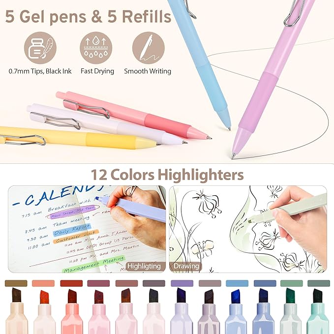 DazSirit 62 PCS Aesthetic School Supplies with Foldable Pencil Case, 12 Pastel Highlighters, 4 Erasable Pens, 5 Gel Pens, 6 Mechanical Pencils, Sticky Notes, Complete Stationery Kit for Girls, Blue