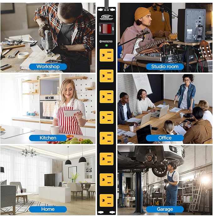 CRST 2 Pack 8 Outlet Metal Heavy Duty Power Strip with Switch, 2100J Surge Protector, Mountable Wide Spaced Workshop Garage Power Strip, 6 FT 14AWG, 15A/1875W