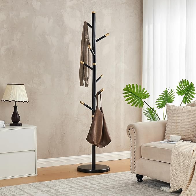 Uniclinens Coat Rack Freestanding Solid Wood Coat Tree Standing with 7 Hooks, Coat Rack Stand Creative Tree Branch-look (Black)