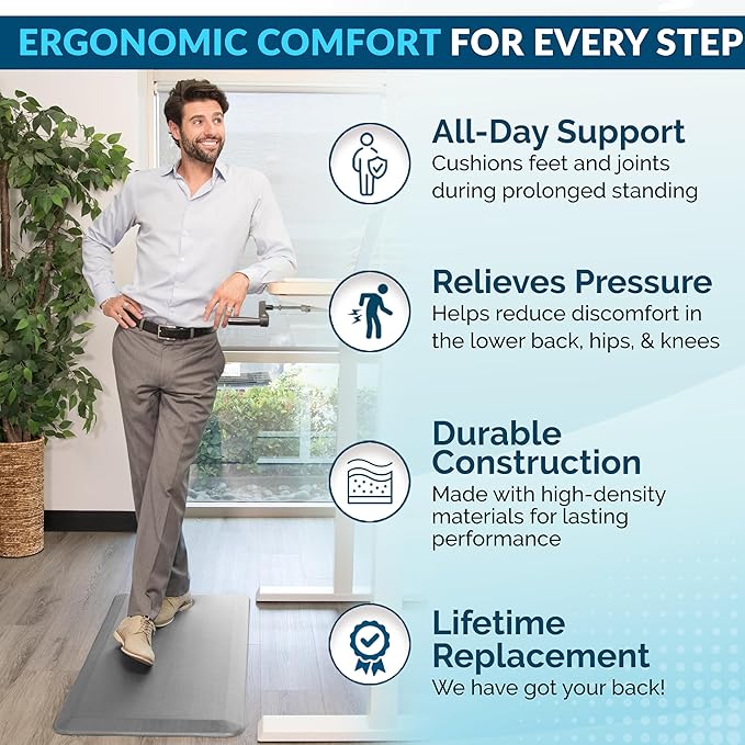 ComfiLife Anti Fatigue Floor Mat – 3/4 Inch Thick Kitchen Mats for Floor, Standing Desk Mat, Kitchen Rug – Comfort at Home, Office – Durable – Stain Resistant – Non-Slip Bottom (20" x 39", Silver)