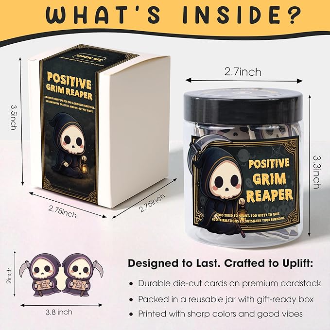 Positive Grim Reaper Jar, 60 Dark Humor, Funny, Affirmation Cards for Stress Relief & Motivation, Halloween Gifts for Friends, Coworkers, Women & Men – Quirky Birthday Gifts, Office, Secret Santa