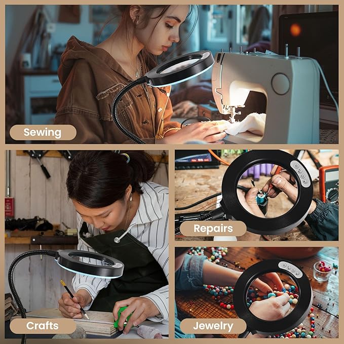 10X Magnifying Glass with Light and Timer, 2 in 1 Magnifying Desk Lamp, 3 Color Modes 10 Dimmable Brightness, Flexible Gooseneck Magnifier with Light for Craft Hobby Sewing Close Work(No Adapter)