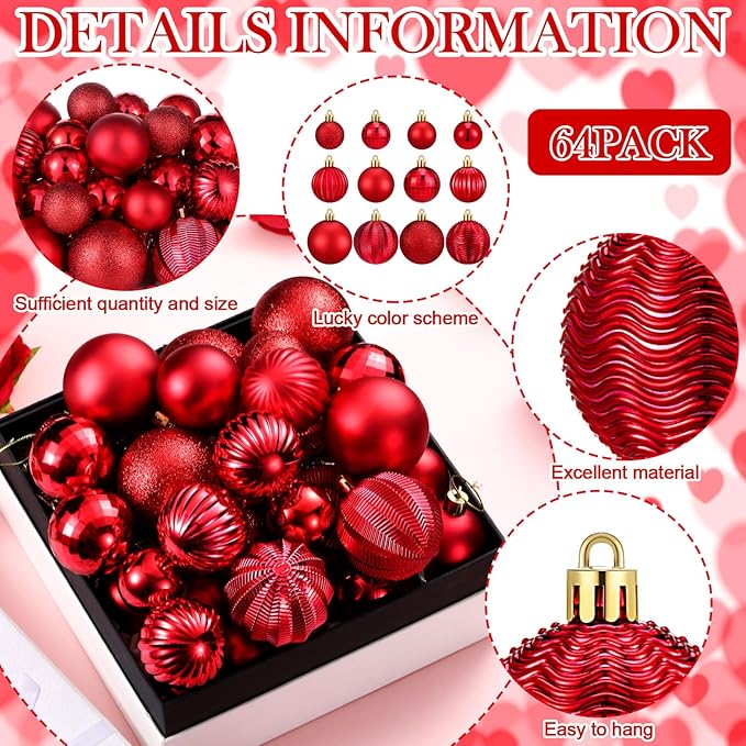 64 Pcs Red Christmas Ball Ornaments Matt Glitter Red Ornament for Christmas Tree 1.6/1.97/2.4 Inch Shatterproof Hanging Xmas Decoration for Tree Holiday Indoor