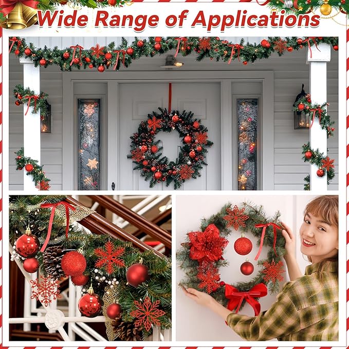 86Pcs Led Light Red Christmas Tree Decorations Set 100 Led Light Christmas Star Trees Topper with String Lights Xmas Balls Snowflakes Ornaments Bows Xmas Trees Decor 20m Light String