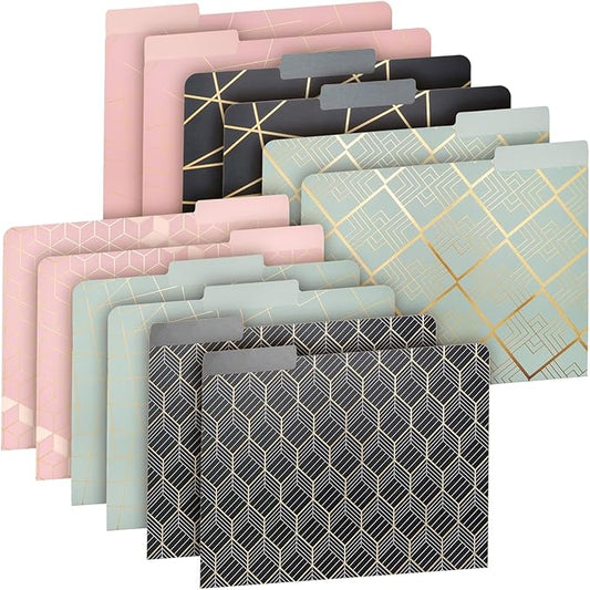 Paper Junkie Decorative File Folders - 11.5 x 9.5 in, Pink Pack of 12 - Cute Geometric Accents & Gold Foil 1/3 Tab - Pretty Colored folders for Office Supplies & School