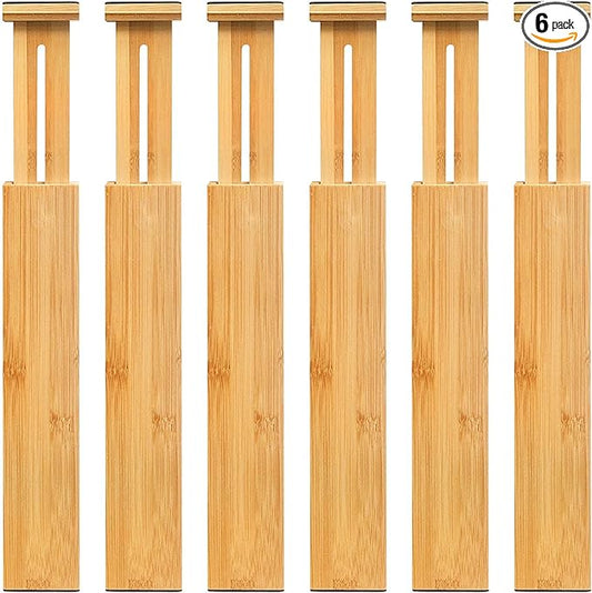 VaeFae 6-Pack Bamboo Drawer Dividers – Adjustable 14"-19.1" (Fits 15"-18" Drawers ONLY), Spring-Loaded Expandable Organizer for Kitchen, Bedroom, Office & Bathroom, MUST MEASURE Before Purchase