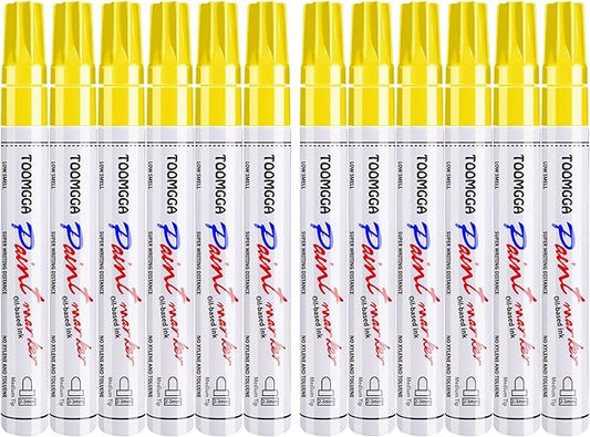 Yellow Permanent Paint Pens Paint Markers - 12 Pack Oil Based Markers, Quick Drying and Waterproof Marker Pen, Car Tire, Metal, Rock Painting, Wood, Ceramic, Plastic, Canvas, Mugs, Medium Tip