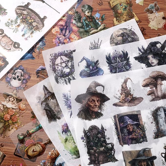 Fantasy Scrapbook Stickers 20 Sheets 240 Pre-Cut Magic Washi Stickers for Journaling PET Transparent Book Sticker Decorative or DIY Paper Crafts, Arts and Crafting Projects