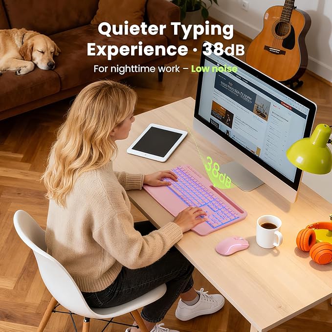 Pink Keyboard and Mouse Wireless Combo, 4000mAh Rechargeable Backlit Quiet Keyboards mice set, USB Ergonomic Key Board with Wrist Rest & Phone Holder for PC, Mac, Windows, Natural Soft Typing —SABLUTE