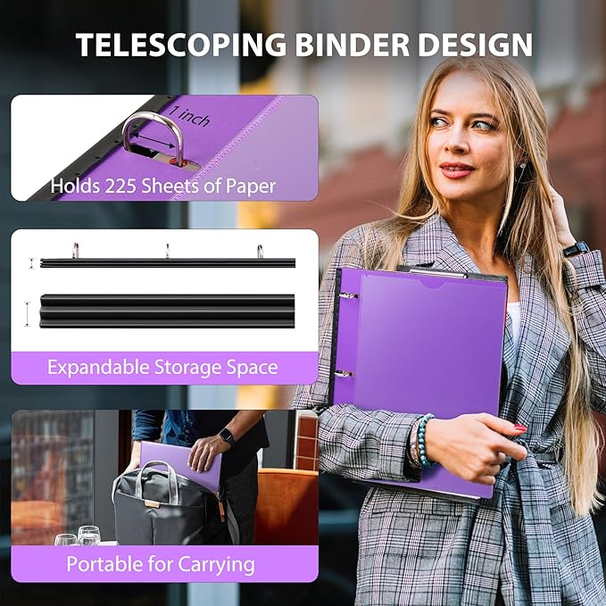 WOT I Telescoping Project Organizer 2-Pack, Refillable 3 Ring Binder with Dividers and Pockets, 13 Pocket Folders, 1 Inch 3 Rings, Purple