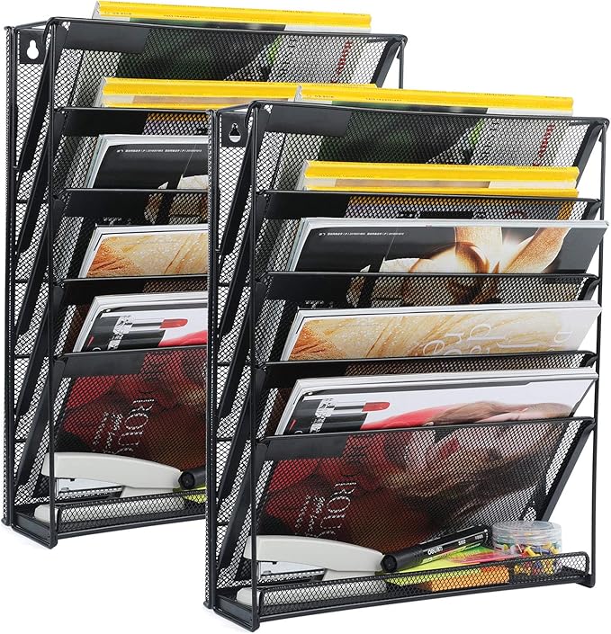 samstar 2 Pack Wall File Organizer, 6-Tier Wall Mount Paper Holder Vertical File Rack for Office Home, Black.