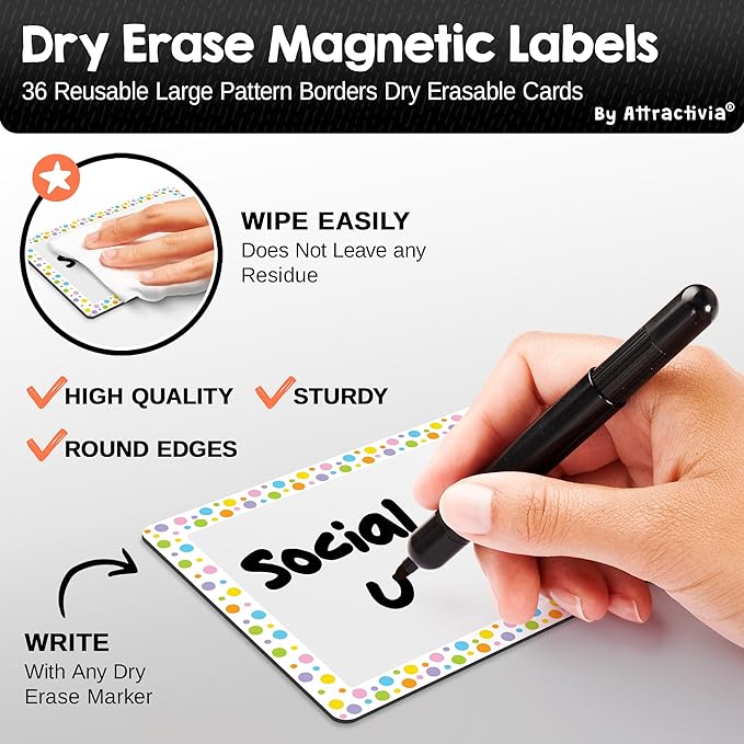 Dry Erase Magnetic Labels 5.6 x 3.7 in, Pattern Borders, Large Dry Erase Magnets, 36-Pack, Erasable Write-On All-Purpose Labels, for Office, Education, Home, Whiteboard