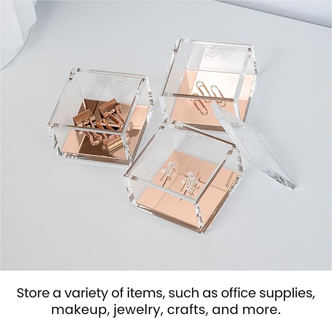 OfficeGoods 3-Tier Stackable Acrylic Holder- Stylish Desk Organizer and Storage for Office or Home – Transparent Square Design, with Rose Gold Metal Base