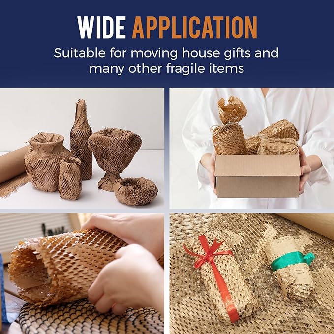 Honeycomb Packing Paper 15" x 500ft with Rope & 20 Fragile Stickers|Shipping & Moving Supplies|Small Business Packaging Supplies|Eco Friendly Bubble Wrap Packing Boxes for Moving Certified FSC C204227