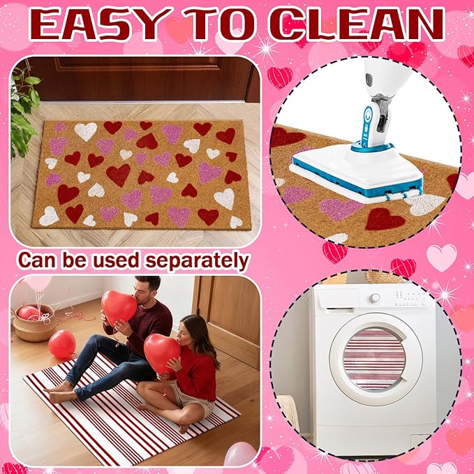 2 Pcs Valentine's Day Coir Welcome Doormat Outdoor Valentine's Day Rug Layered Red and White Stripe Mat Red Heart Mat for Front Porch Outdoor Entryway