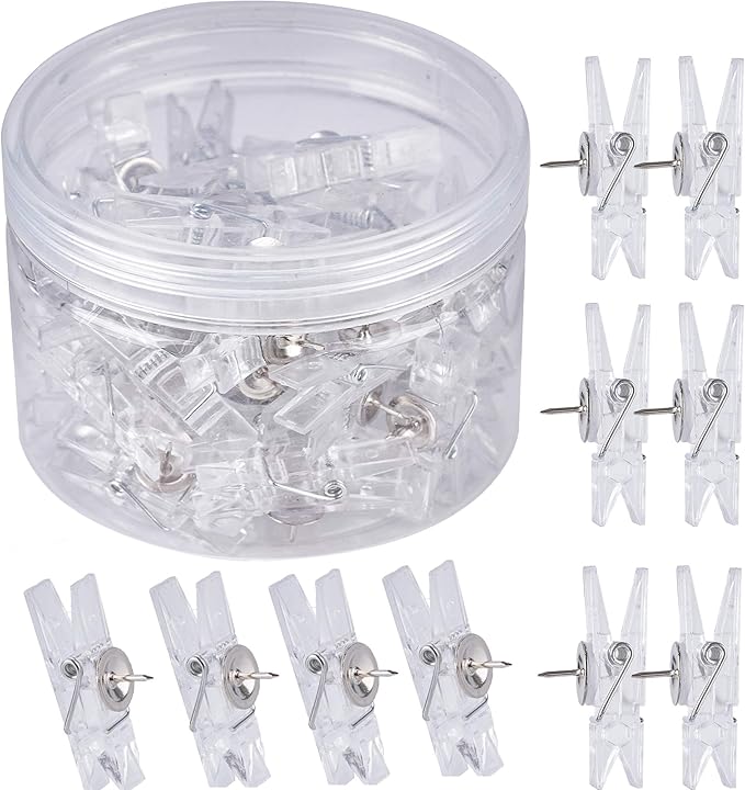 60 Pcs Push Pin Clips Decorative Push Pins with Clips Bulletin Board Clips Cork Board Pushpins Clear Craft Paper Clips Pushpins Thumb Tacks for Arts Cubicle Panel Wall Fabric Panels Offices Projects