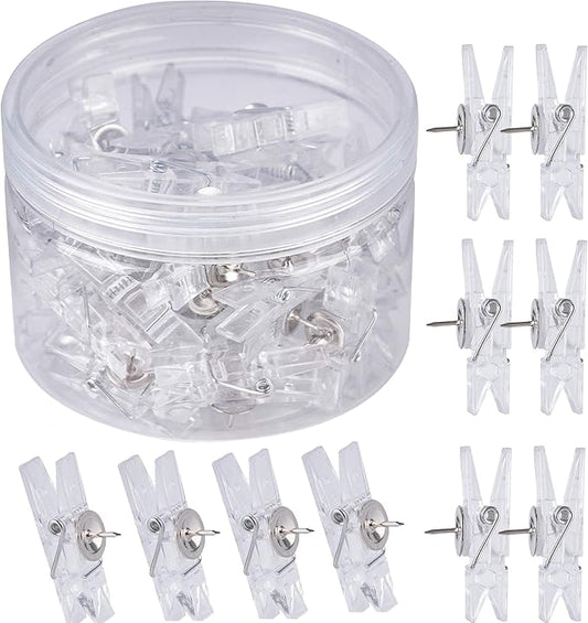 60 Pcs Push Pin Clips Decorative Push Pins with Clips Bulletin Board Clips Cork Board Pushpins Clear Craft Paper Clips Pushpins Thumb Tacks for Arts Cubicle Panel Wall Fabric Panels Offices Projects