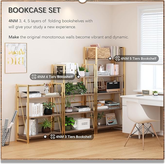 4NM No Assembly Folding Bookshelf, 5-Shelf 62.2" H Collapsible Foldable Bookcase Storage for Small Spaces, Brown and Golden