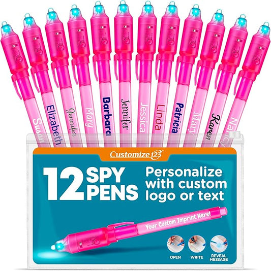 Personalized Invisible Disappearing Ink Pen Marker, Custom Secret Spy Message Writer with UV Light, Fun Activity Entertainment for Kid Party Favors Ideas Gifts and Stock Stuffers, 12 Pack, Pink
