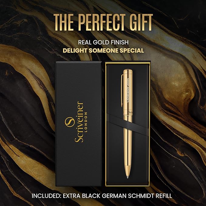 Scriveiner Personalized Gold Ballpoint Pen - Stunning Luxury Pen, Real Gold Plating, Schmidt Ink Refill, Best Engraved Ball Point Gift Set for Men & Women, Custom Name Engraving