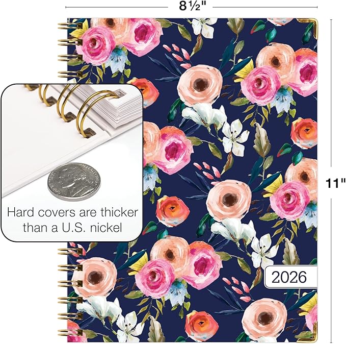HARDCOVER 2026 Planner, 8.5"x11": 14 Months (November 2025 - December 2026), Daily Weekly Monthly Planner, Yearly Agenda, Bookmark, Pocket Folder and Sticky Note Set (Small Navy Floral)