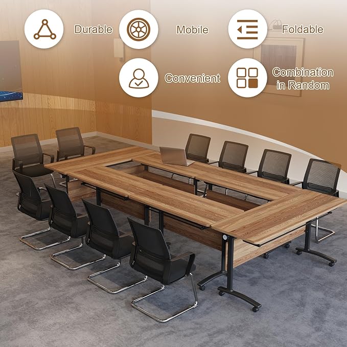Folding Conference Room Table, Modern Conference Tables with Silent Wheels, Large Rectangular Mobile Training Tables for Office Classroom, Foldable Modular Boardroom Seminar Table (6pack L55.1in)